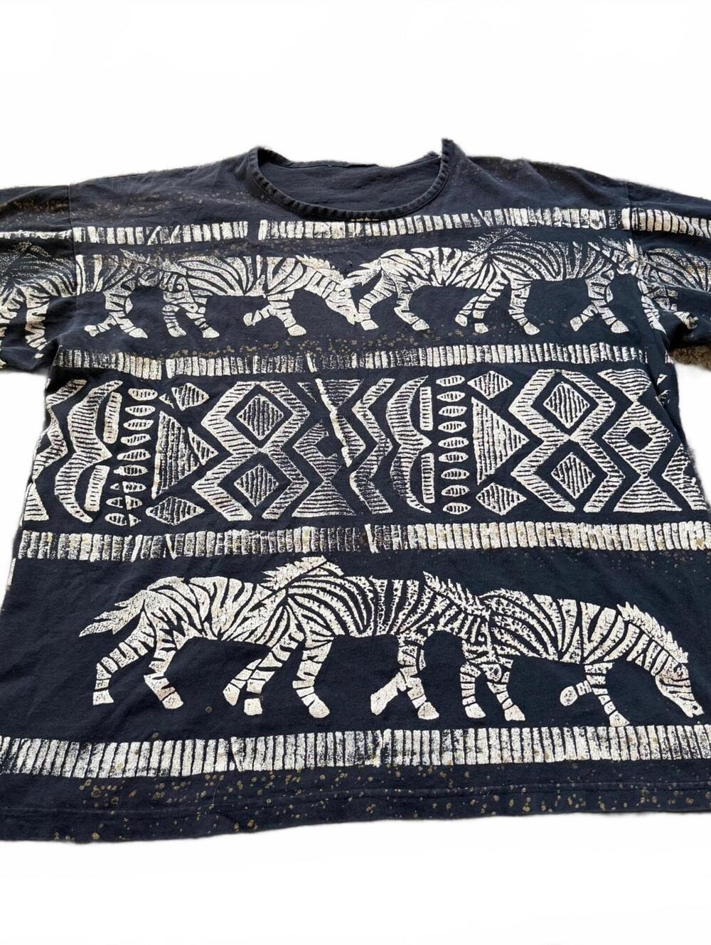Vintage Zebra African Tribal All Over Print Black T-Shirt Size Large